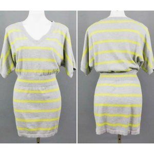 Express Cotton Blend Gray & Neon Yellow‎ Striped V-Neck Sweater Dress Size Small